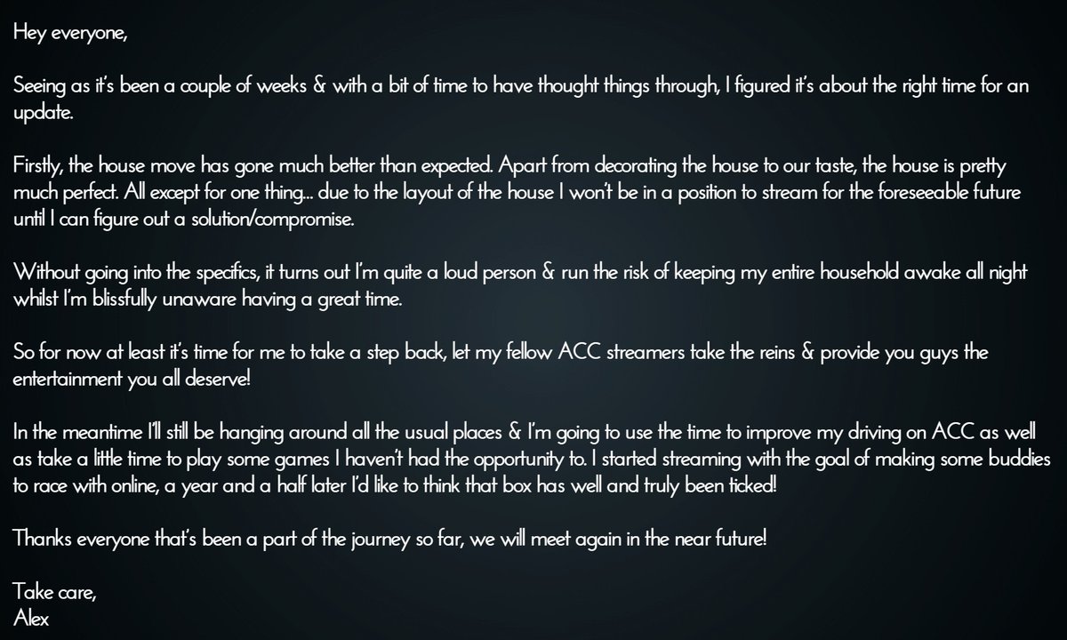 Can't help but feel a little sad about this but it's going to take a little longer than originally anticipated before I can get setup streaming again... 

...but as a wise person once said, the best things in life are worth waiting for! 🙂 #beACC #simracing
