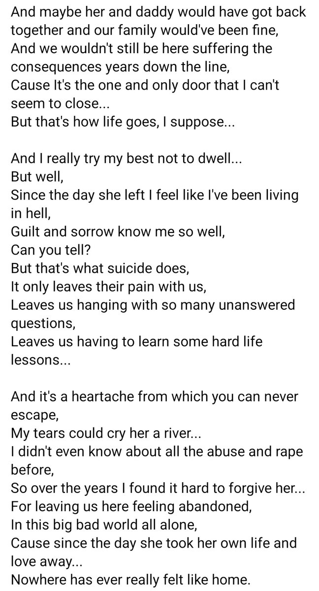 This one's called "Home" #diaryofabrokenmind 💔 #SuicidePrevention #MentalHealthAwareness #ThoseLeftBehind #Writer <a href="/mentalhealth/">Mental Health Foundation</a> <a href="/andysmanclubuk/">#ANDYSMANCLUB</a> <a href="/SAMHtweets/">SAMH</a> <a href="/piersmorgan/">Piers Morgan</a> <a href="/PiersUncensored/">Piers Morgan Uncensored</a> <a href="/callumbeattieuk/">Callum Beattie</a> <a href="/skinnylivinguk/">Skinny Living</a> <a href="/TheBugzyMalone/">Bugzy Malone</a> <a href="/HussainManawer/">Hussain Manawer</a> <a href="/PaoloNutini/">Paolo Nutini</a> <a href="/LewisCapaldi/">Lewis Capaldi</a>
