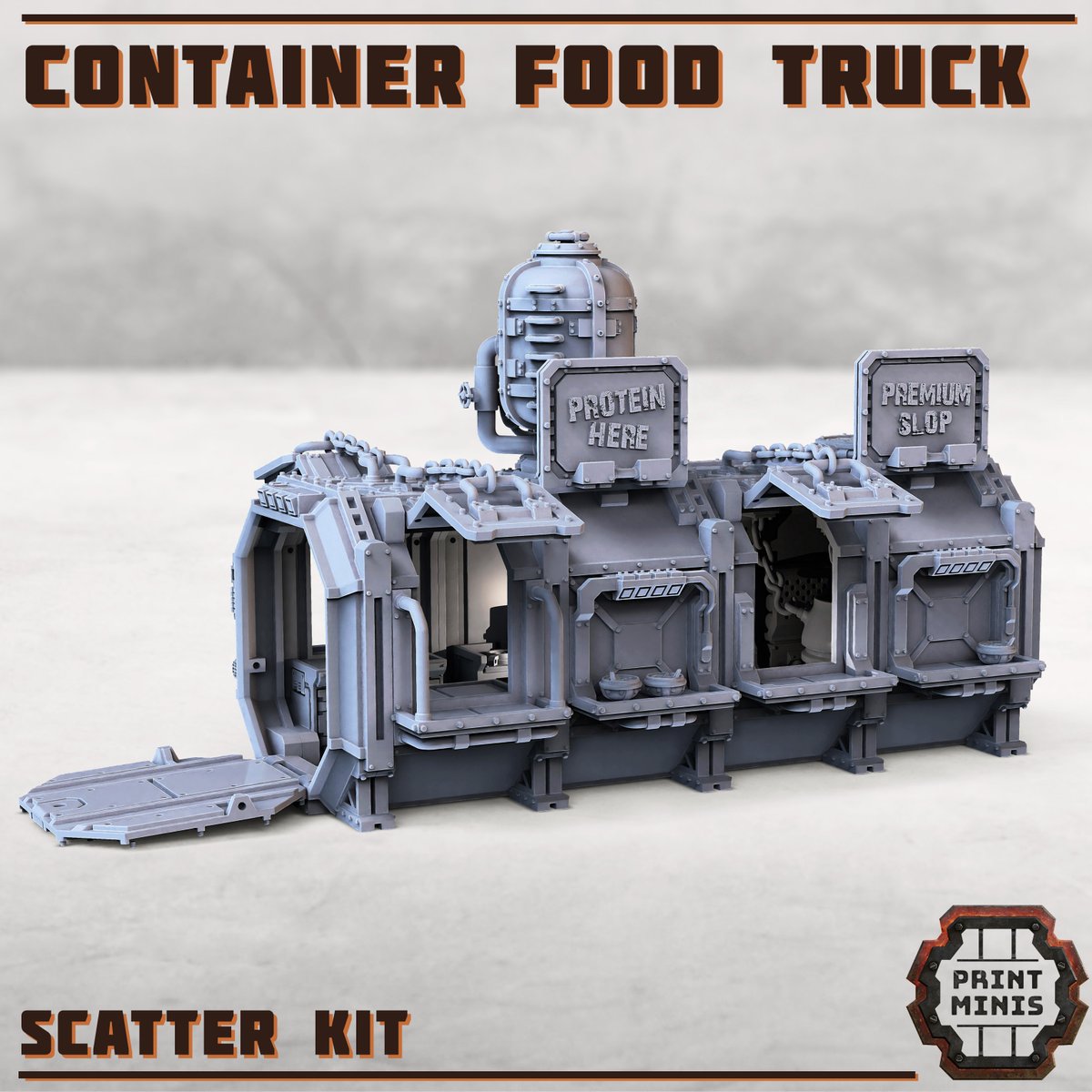 PrintMinis's tweet photo. Finished renders for the Container Food Truck kit :) Really happy with how this turned out!
> https://t.co/9y71uNN3py 
#necromunda #tabletopterrain #gamesworkshop #warhammer40k #wargaming #warmongers #tabletoprpg #3dprint #3dprinting #starfinder #starwars https://t.co/DYxHnNm3u1