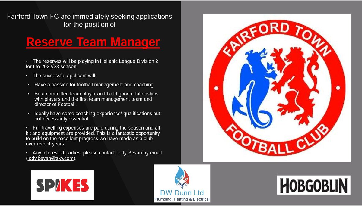 We are still looking for new <a href="/reserves_town/">Fairford Town Reserves</a> manager/coach. Great set up and opportunity for the right person, whether that be somebody with years of experience or somebody new to coaching and looking to get their foot in the door. <a href="/HellenicLeague/">Hellenic League</a> <a href="/GlosFA/">Gloucestershire FA ⚽</a>