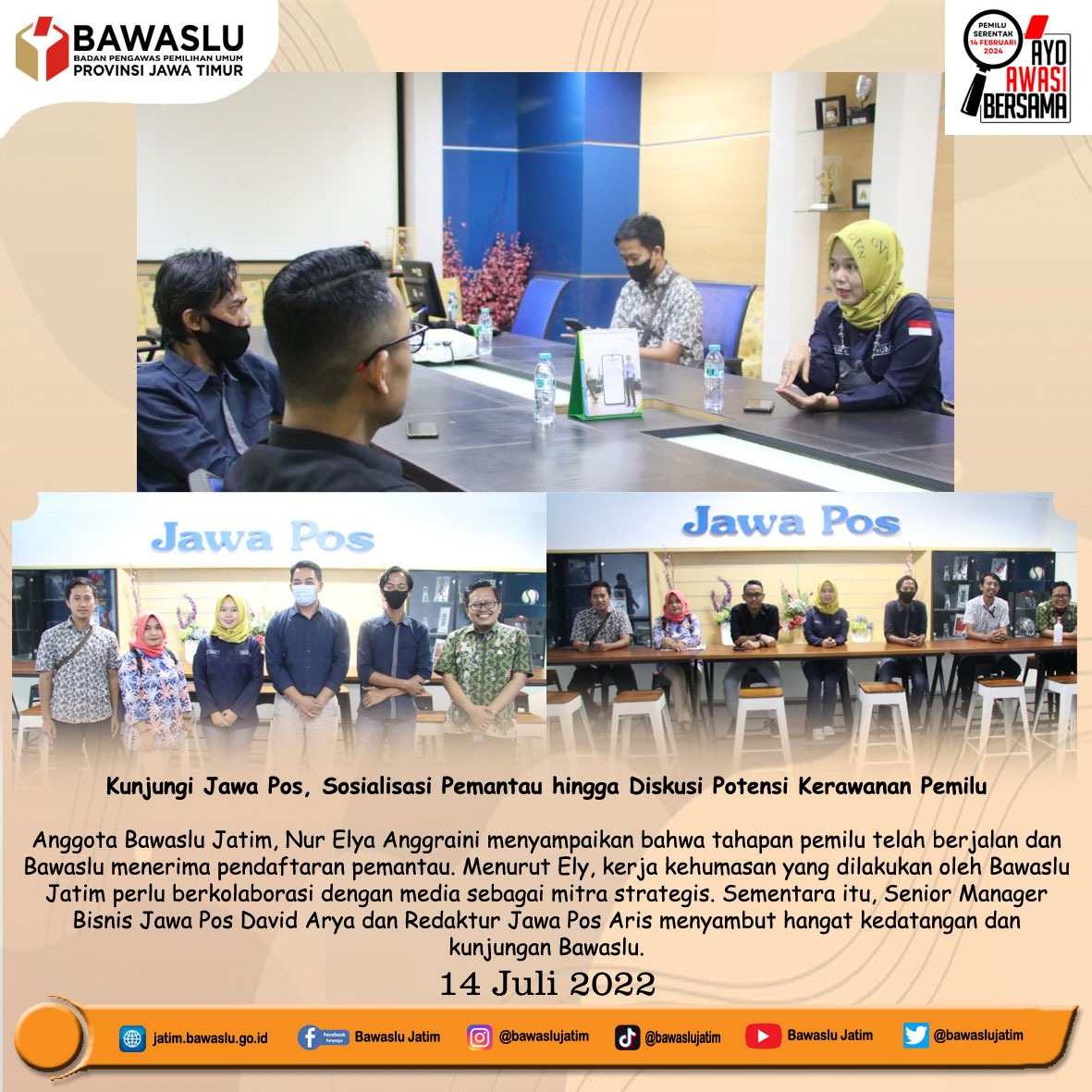 bawaslujatim's tweet photo. Kunjungi Jawa Pos, Sosialisasi Pemantau hingga Diskusi Potensi Kerawanan Pemilu
https://t.co/jKIKOvgo7X
#bawaslujatim #bawaslujawatimur #sahabatbawaslu #salamawas #ayoawasi #bawaslumengawasi #ayoawasibersama #pemilu2024 #bawasluberkolaborasi #visitmedia #jawapos #jawaposjatim https://t.co/ggF6fOtKnJ