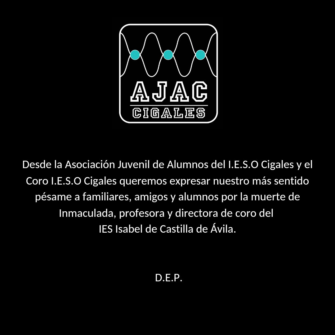 Nuestro mas sentido pesame a los familiares, amigos y alumnos de Inmaculada, con los que hemos compartido grandes momentos.

Descansa en Paz🕊

#DEP