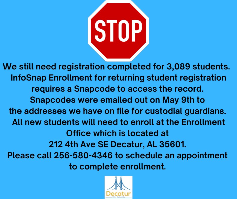 DecaturCityEdu's tweet photo. The clock is winding down. Please make every effort to register your child before the start of school on August 10th. #registration #school #newschoolyear https://t.co/puQLjlh8Wq