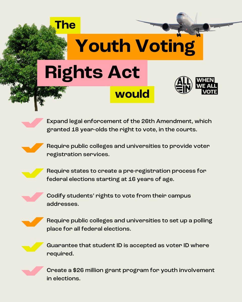 The #YouthVotingRightsAct would significantly expand registration and voting access for college students and other young people. We're proud to join <a href="/allintovote/">ALL IN Campus Democracy Challenge</a> in supporting the Youth Voting Rights Act! Read more about the bill → weall.vote/studentvra.