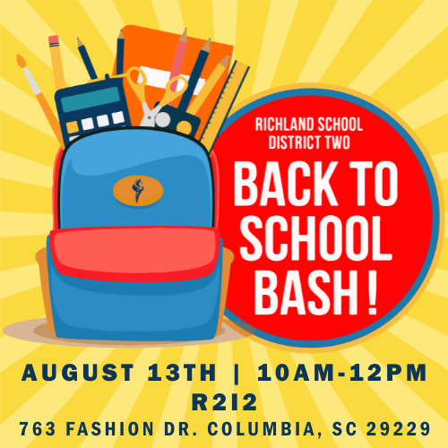 RichlandTwo's tweet photo. ✔️SAVE THE DATE! 
📚🍎BACK TO SCHOOL BASH - AUGUST 13TH!📚🍎 
From 10AM-12PM. Held at R2i2, 763 Fashion Drive, Columbia, SC 29229. https://t.co/jBBM7ToY2W