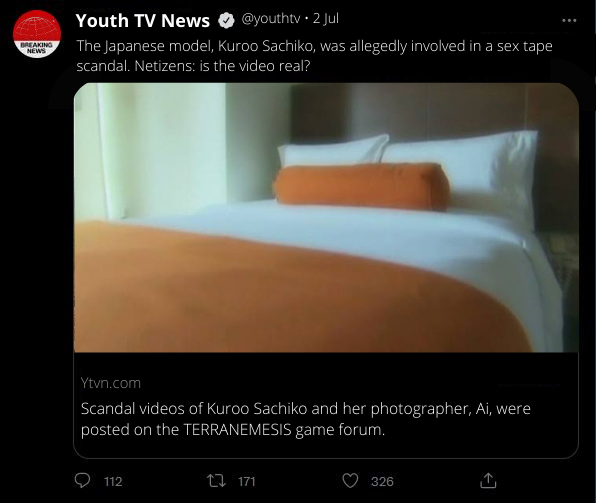 outer_cosmo's tweet photo. O

(14/07) Video skandal seorang model asal Jepang, Kuroo Sachiko, dan fotografernya, Ai, pertama kali diposting di forum online permainan TERRANEMESIS oleh pengguna tidak dikenal. Video berdurasi 42 detik ini merekam adegan .... 

( show more ) https://t.co/8Dl27TojFR