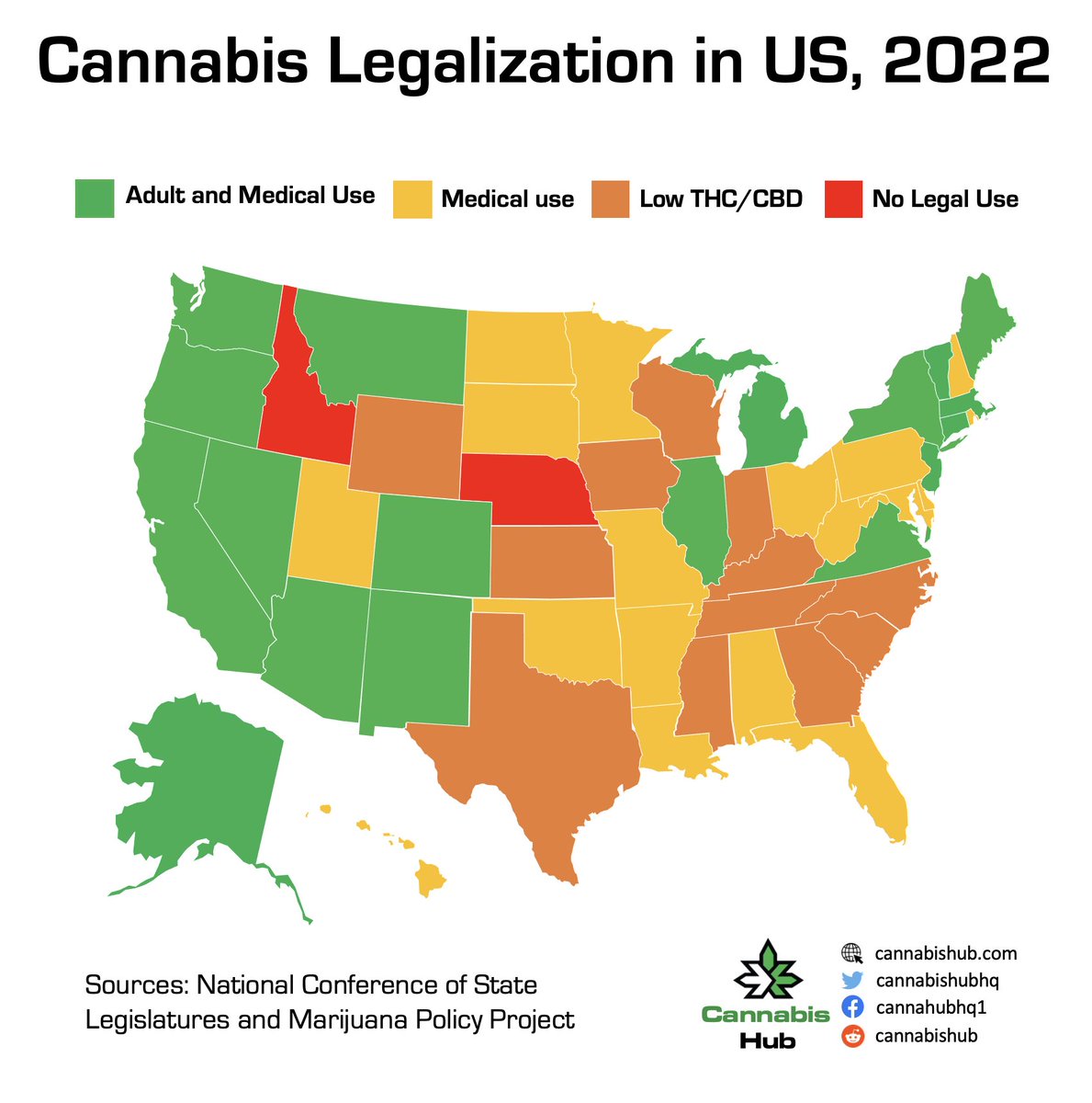 An up-to-date map of #cannabis legalization in the United States

#law #justice #legalsystem #reform #marijuiana #hemp #sativa #indica #mmj #MOREAct #SAFEAct #StatesReformAct #US #UnitedStates