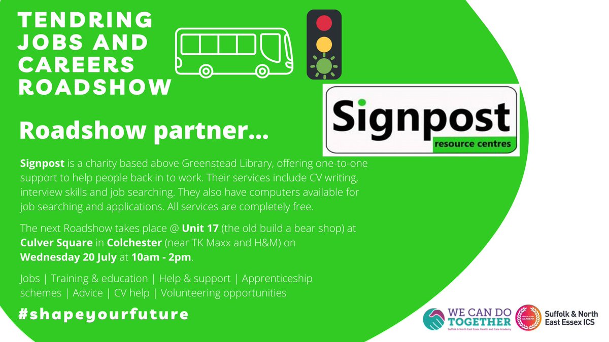 CanDo_Together's tweet photo. Introducing @SignpostCentres.
The team run free services including #CVwriting, #interviewskills &amp; #jobsearching. 
Come along &amp; chat to them at the next roadshow next Weds at @CulverSquare in #Colchester (in the old Build the Bear shop). 
#ShapeYourFuture #freesupport https://t.co/D8cvvh6JZL