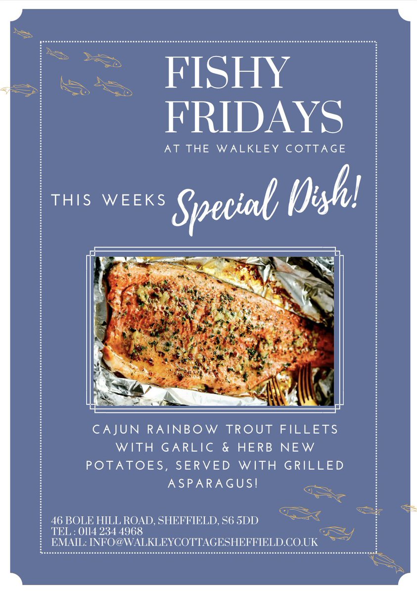 WalkleyCottage1's tweet photo. This week’s mouth watering Fishy Friday Special… Cajun Rainbow Trout Fillets with Garlic &amp; Herb new Potatoes, served with grilled Asparagus! 🤤😍🐟

Book now! On 0114 234 4968 https://t.co/8dCDtSBGZM