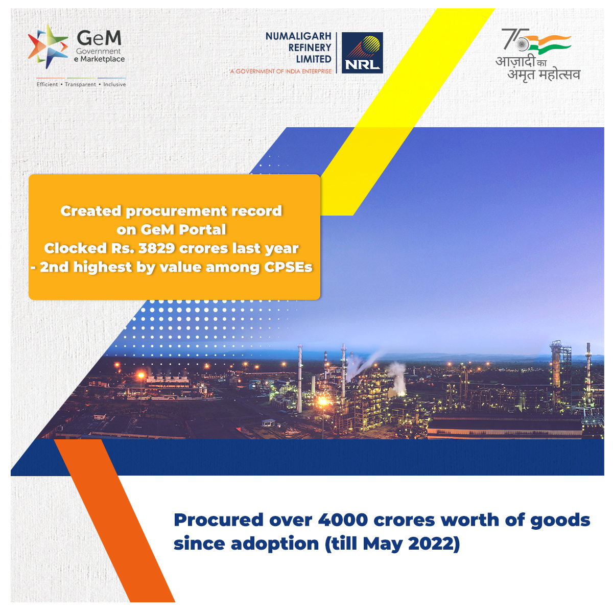 NRL_MoPNG's tweet photo. GeM has transformed the public procurement process by creating a simplified portal for purchase of an exhaustive list of products &amp; services. 
@PMOIndia @PiyushGoyal @AshwiniVaishnaw @Rajeev_GoI @AnupriyaPatel @somprakashbjp @CimGOI @AmritMahotsav @minmsme @GeM #GeM https://t.co/qE3j22uo22