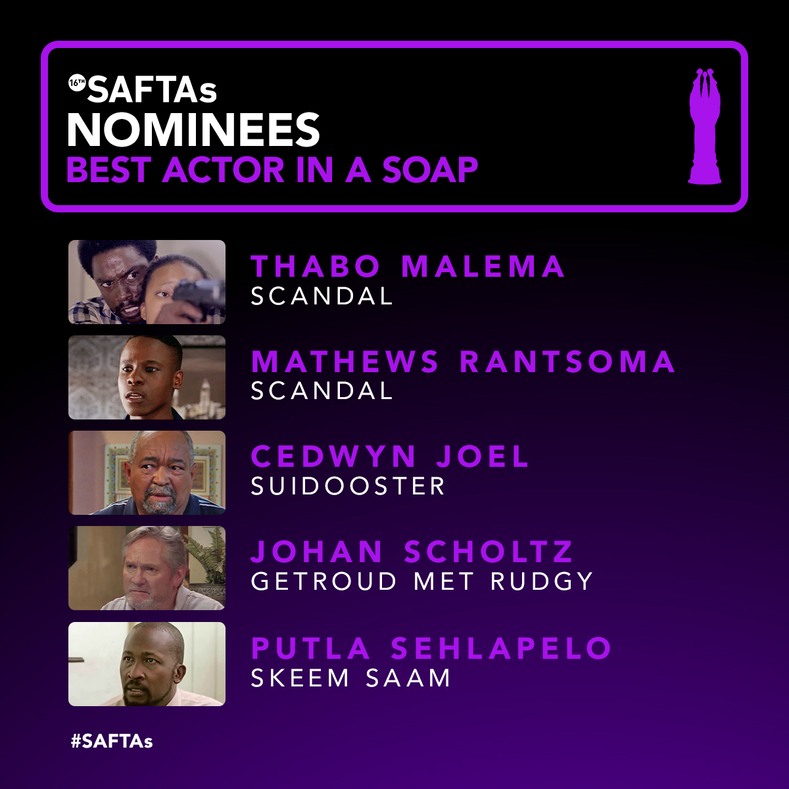 SAFTAs_1's tweet photo. In a year full of powerful storytelling, we're thrilled to announce the #nominees for the Best Actor: TV Soap #SAFTAs

@malema_thabo - @etvScandal
Mathews Rantsoma - @etvScandal
Cedwyn Joel - #Suidooster
Johan Scholtz - #GetroudMetRudgy
Putla Sehlapelo - @SkeemSaam3 

Congrats! https://t.co/UiHt8nCoNM