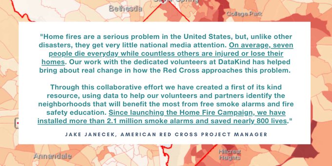 DataKind's tweet image. &quot;Since launching the Home Fire Campaign, we have installed more than 2.1 million smoke alarms and saved nearly 800 lives.&quot;
Jake Janecek, @RedCross Project Manager, reflects on the impact of their work with @DataKindDC. 
bit.ly/35emQNb
#DataKindDC #dataforgood