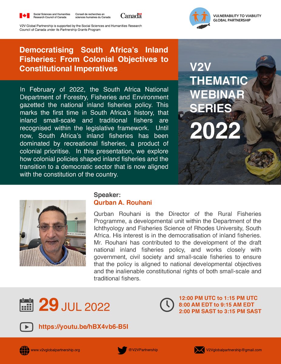 📌 SAVE THE DATE! #ThematicWebinar

📢 Title of the Webinar: Democratising South Africa’s Inland Fisheries: From Colonial Objectives to Constitutional Imperatives
🎙️ Speaker: Qurban Rouhani
📅 Jul 29, 2022
⏰ 12:00 PM to 1:15 PM UTC
🔗 YouTube: youtu.be/hBX4vb6-B5I

#SSF #SA