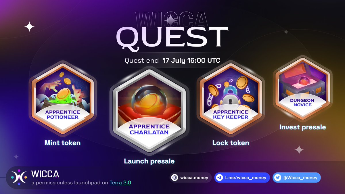 📜 Wicca Quest No.2 📜

Be an Apprentice Wizard Tester🧙‍♂️and Collect Free mint NFTs 🔰

1️⃣Follow <a href="/Wicca_money/">Wicca Money 🔮 on Terra 2.0</a>
2️⃣Join t.me/wicca_money
3️⃣Fill in forms.gle/2Tr3RkdacHTY71…
4⃣Complete the Quest
5️⃣RT this tweet ‼️

🔔 Quest will end on 17 Jul 16:00 UTC 🔔

#LUNA #LUNAtics