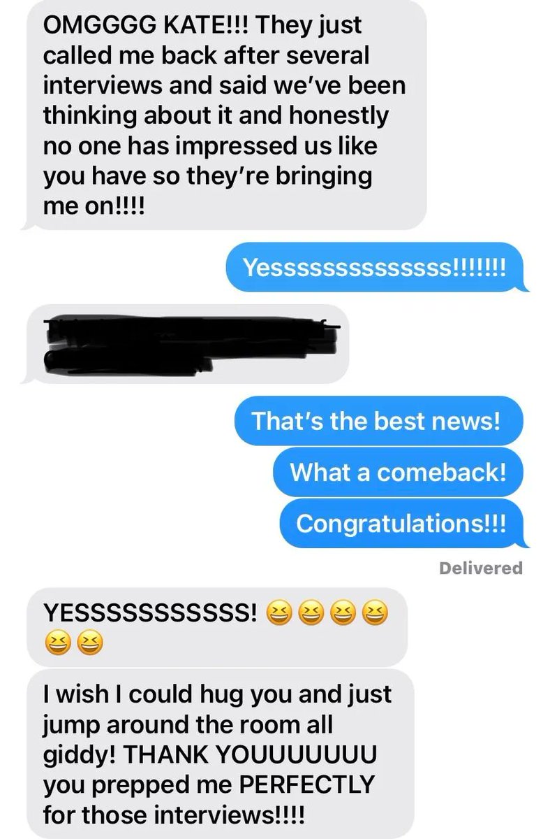 QuirkCareer's tweet photo. Woohoo! I love getting these texts from my clients. One of the best parts about my job is celebrating my clients' wins! #jobinterview #careeradvice #interviewadvice #quirk https://t.co/05kVpo5shc
