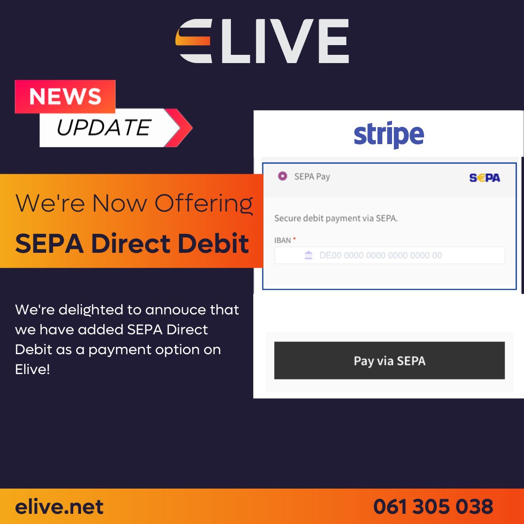 eliveirl's tweet photo. We’re delighted to announce that we have added SEPA Direct Debit as a payment option on Elive to help make your lives easier!

#news #update #directdebit https://t.co/X5kVPWyvUl