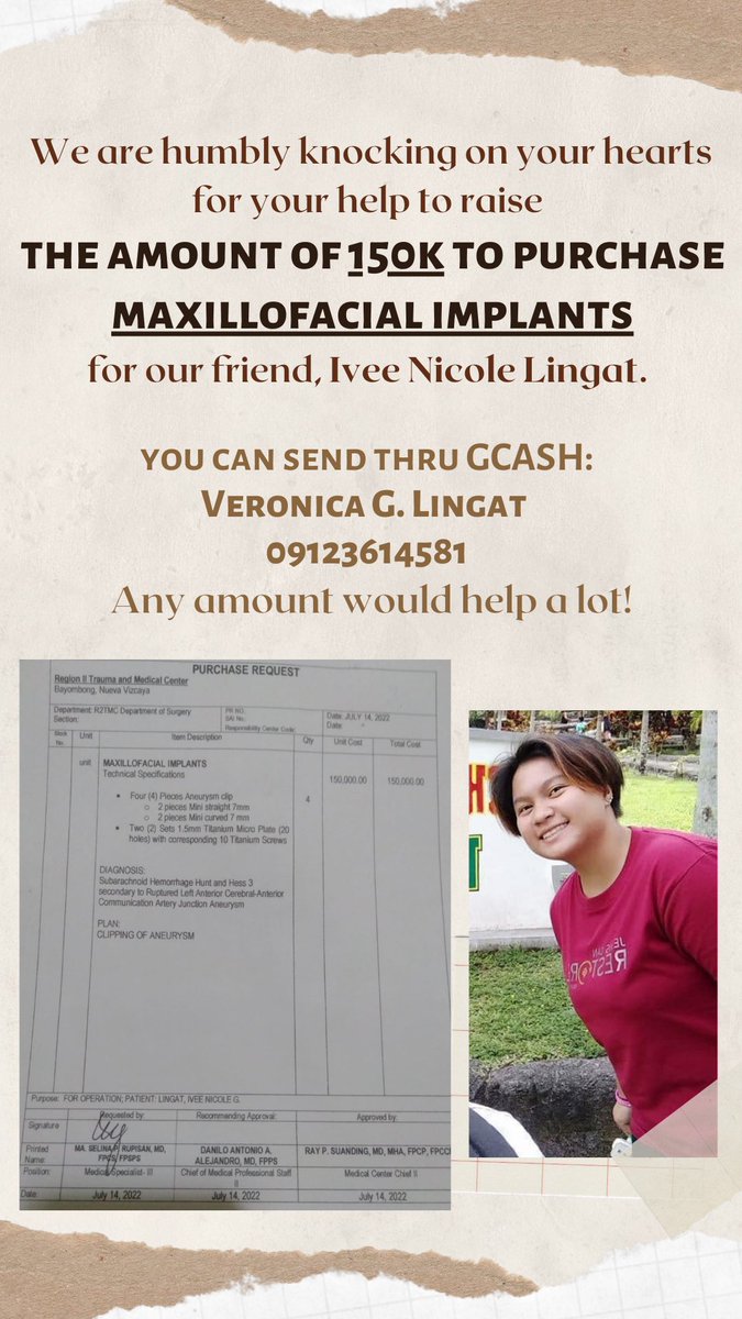 cassandra_nm's tweet photo. We are humbly knocking on your hearts for your help to raise the amount of 150k to purchase MAXILLOFACIAL IMPLANTS for our friend, Ivee Lingat. Any amount can do. Thank you so much. 

GCASH details:

Veronica G. Lingat
09123614581 https://t.co/aN8dVT1agP