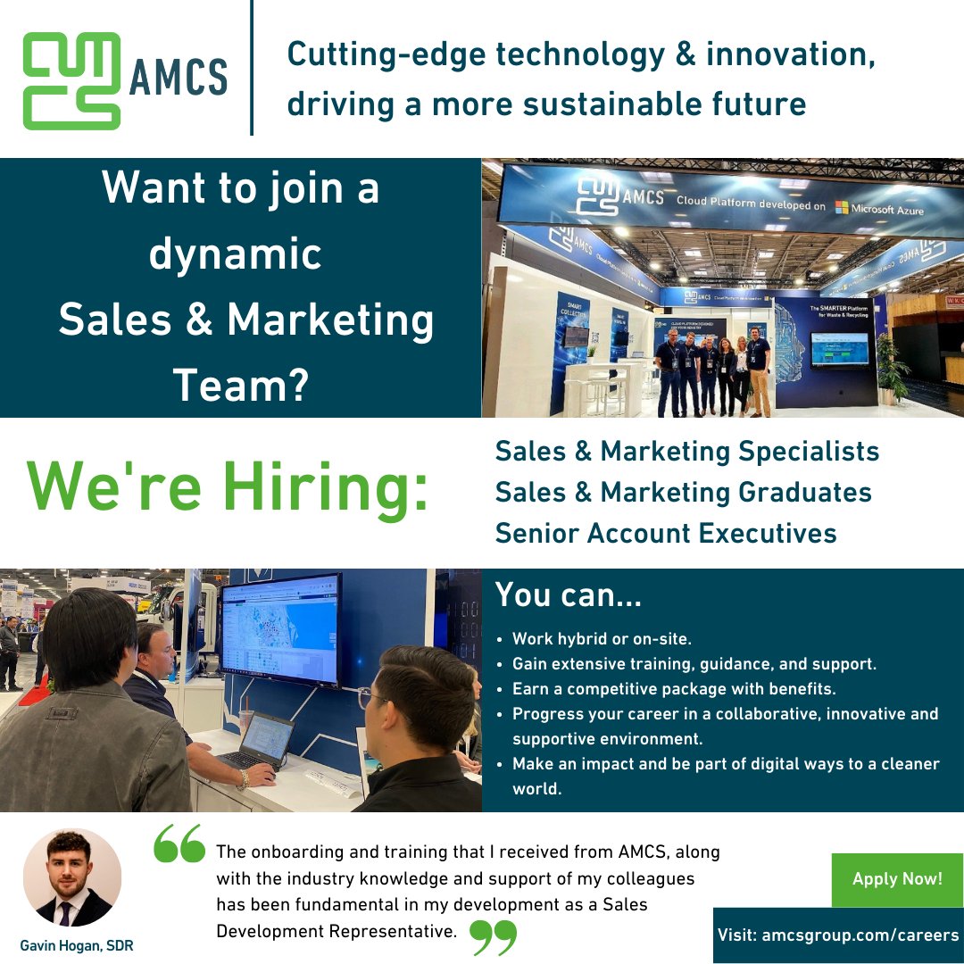 AMCS Group is looking to expand its EMEA Sales &amp; Marketing Hub in Limerick. 🇮🇪

Currently, we have several open roles, apply now: amcsgroup.hirehive.com

#amcsgroup #lifeatamcs #myamcsstory #marketingandsales #marketing #sales #limerick #ireland #limerickjobs #irishjobs