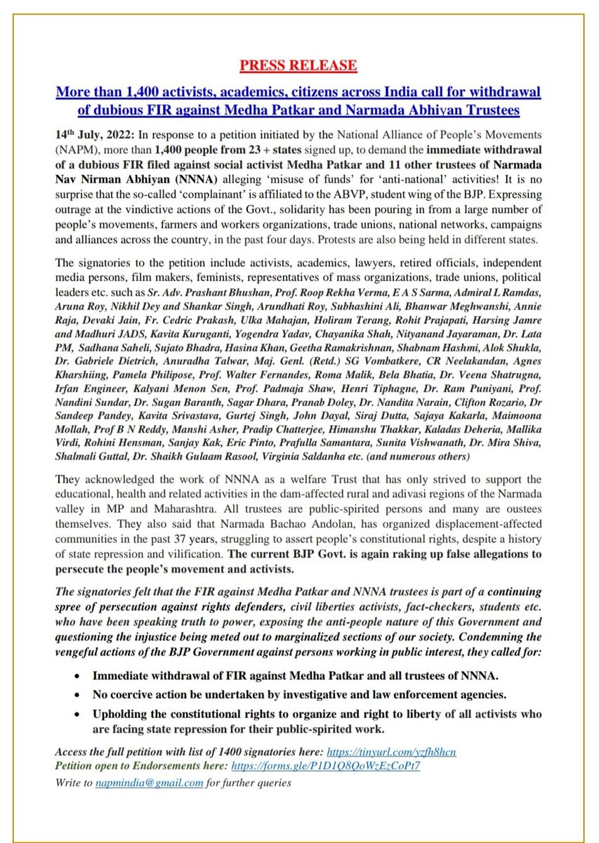 NAPM India on Twitter "PressRelease 1400+ activists from 23 states