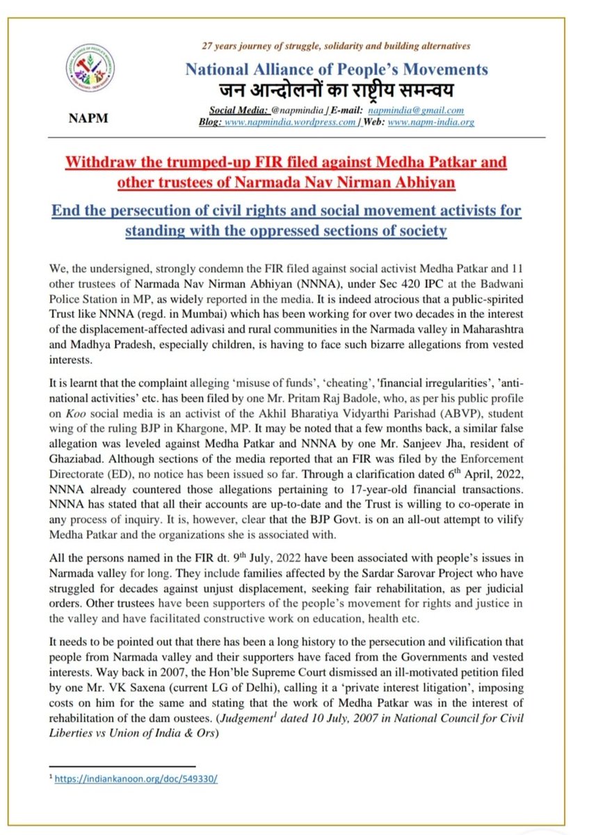 NAPM India on Twitter "PressRelease 1400+ activists from 23 states