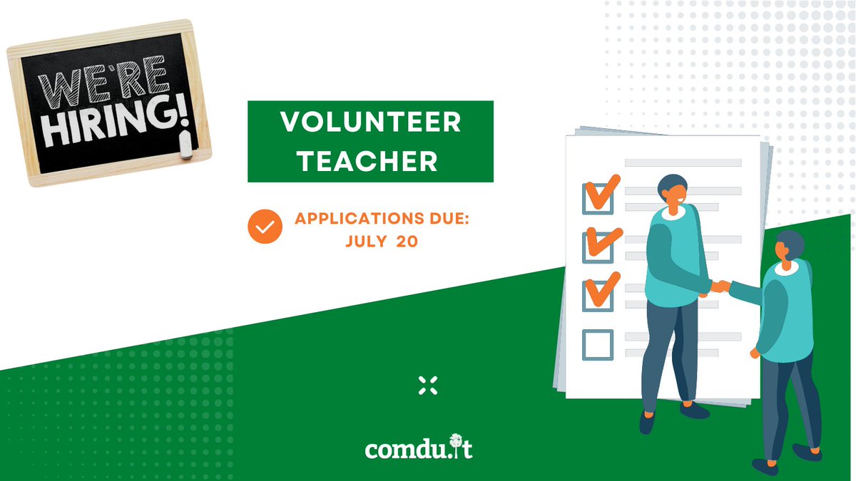 comduit's tweet photo. Are you interested in an volunteer position in #teaching? We are #hiring!

Job descriptions can be found on the link in bio 

Apply by July 20 at 11:59PM EST and reach out to info@comdu.it if you have any questions

#comduit #volunteer https://t.co/H8EGmYGZvp