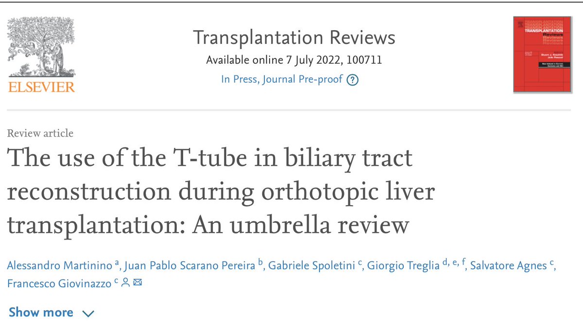 An umbrella review to summarise quantitative measures about overall biliary complications, biliary leaks, biliary strictures and cholangitis associated with the T-tube use after orthotopic liver transplantation! ‼️

Available here💥💥💥 doi.org/10.1016/j.trre…