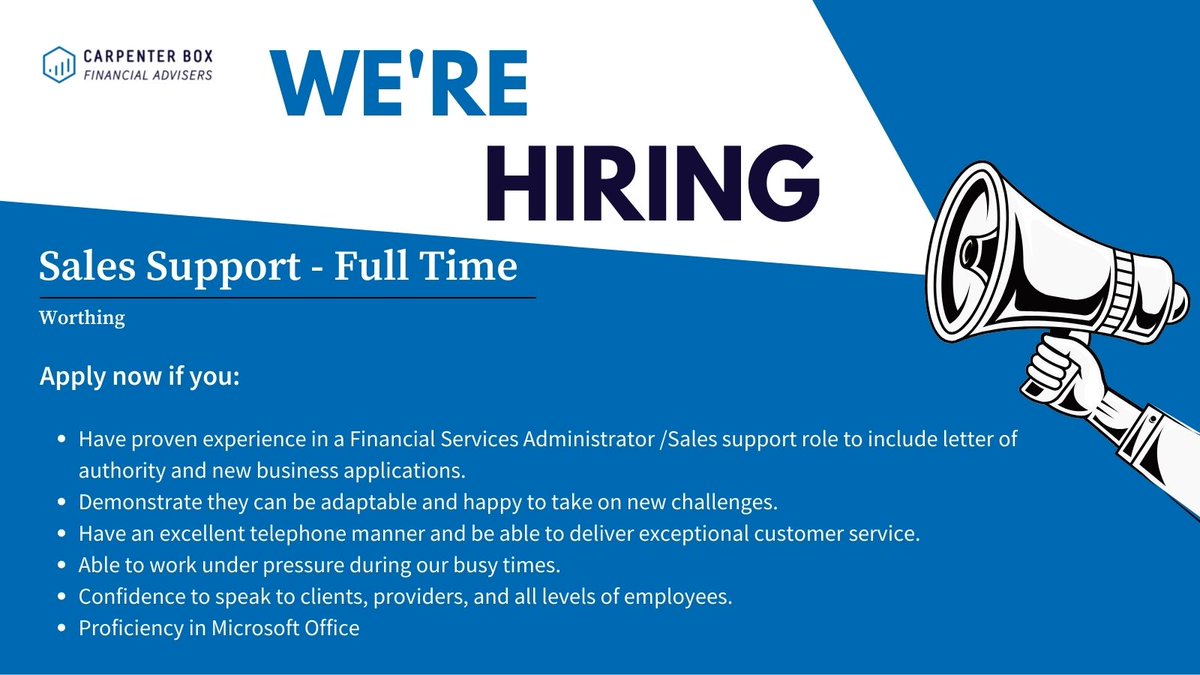 cbfadvisers's tweet photo. 📣 We currently have an exciting career opportunity for an experienced Sales Support/Financial Services Administrator to join our Sales Support team!

Click this link to find out more: https://t.co/Heb2ecMAUF

#hiring #cbxcareers #carpenterbox https://t.co/lMNyTDiDWt