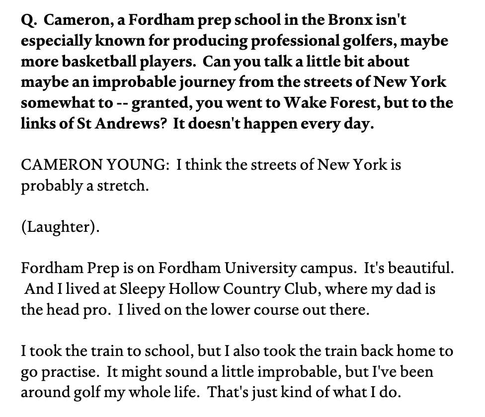 Andy Johnson 🍳 on Twitter: "Cameron Young was quick to dismiss the notion  that he grew up on the rough and tumble streets of the Bronx.  https://t.co/Ij8Pceng39" / Twitter