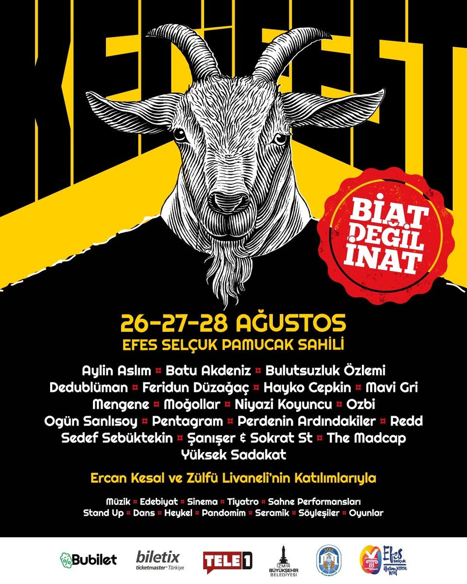 🐐 KeçiFest'in tadı sensiz çıkar mı hiç!

⚡️ 26-27-28 Ağustos'ta İzmir Efes/Selçuk Pamucak Sahili'nde olmak istiyorsan işte sana büyük fırsat!

🎁 #SevapKeçisi, 17 Temmuz 21.00'e kadar bu tweeti RT edip hesabımızı takip eden 3 şanslı kişiye Kamp + Kombine bilet hediye ediyor.