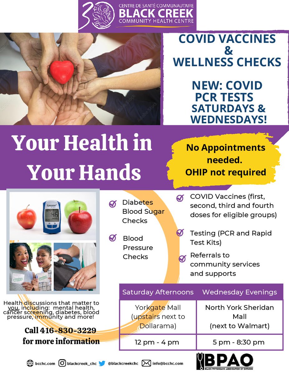 Looking for your COVID booster shot? Or ready to get your first or second? Come by our Wellness clinic Saturday <a href="/yorkgate_mall/">Yorkgate Mall</a> from 12-4 pm w/ <a href="/thebpao/">Black Physicians' Association of Ontario</a>  Take #YourHealthinYourHands - stay on track and get Blood pressure, blood pressure checks &amp; community resources