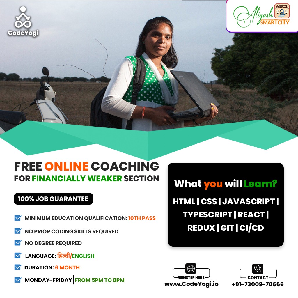 smartcityALIG's tweet photo. Aligarh Smart City is proudly collaborating with The Code Yogi to Help Financially weaker Students of non Technical Background to learn various coding languages for free of cost! 

Register here: https://t.co/7434mZtOsB 
It's your chance to learn something new 🙌
@TheCodeYogi_ https://t.co/eXPcazMlZL