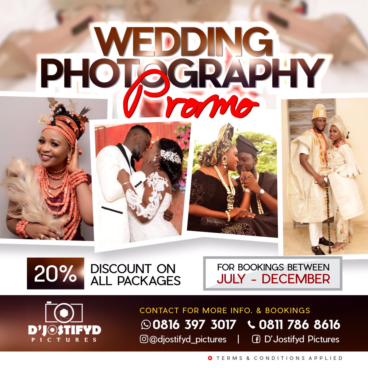 djostifyd_pics's tweet photo. WEDDING PHOTOGRAPHY PROMO @ D'JOSTIFYD PICTURES

Ds is 2 intimate our esteemed customers with our latest irresistible wedding photography promo.

D'JOSTIFYD Pictures is at it again with d best of services at d most affordable rate. This affects all our wedding packages &amp; pictures https://t.co/Zu3eLNaEh1