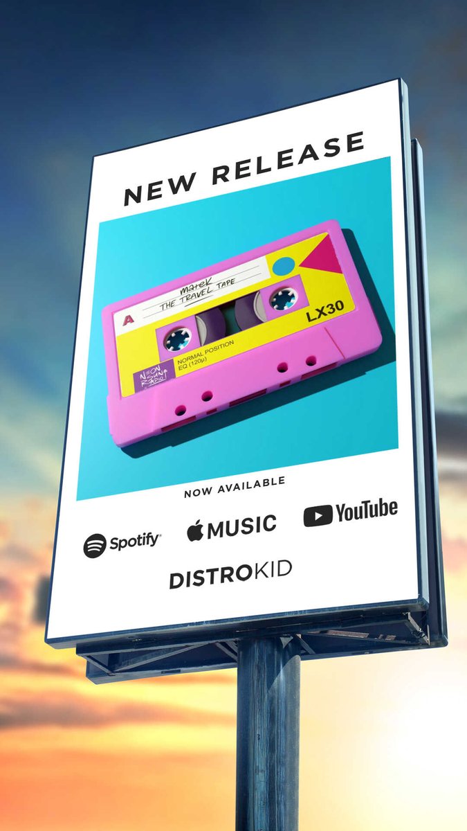 the travel tape is available for streaming and download on most major platforms.

many thanks to my label <a href="/neonsunradio/">neon sun radio</a> for publishing the album, and to our distribution partner <a href="/DistroKid/">DistroKid</a> for the awesome billboard poster.

#thetraveltape #neonsunradio #distrokid #newmusic