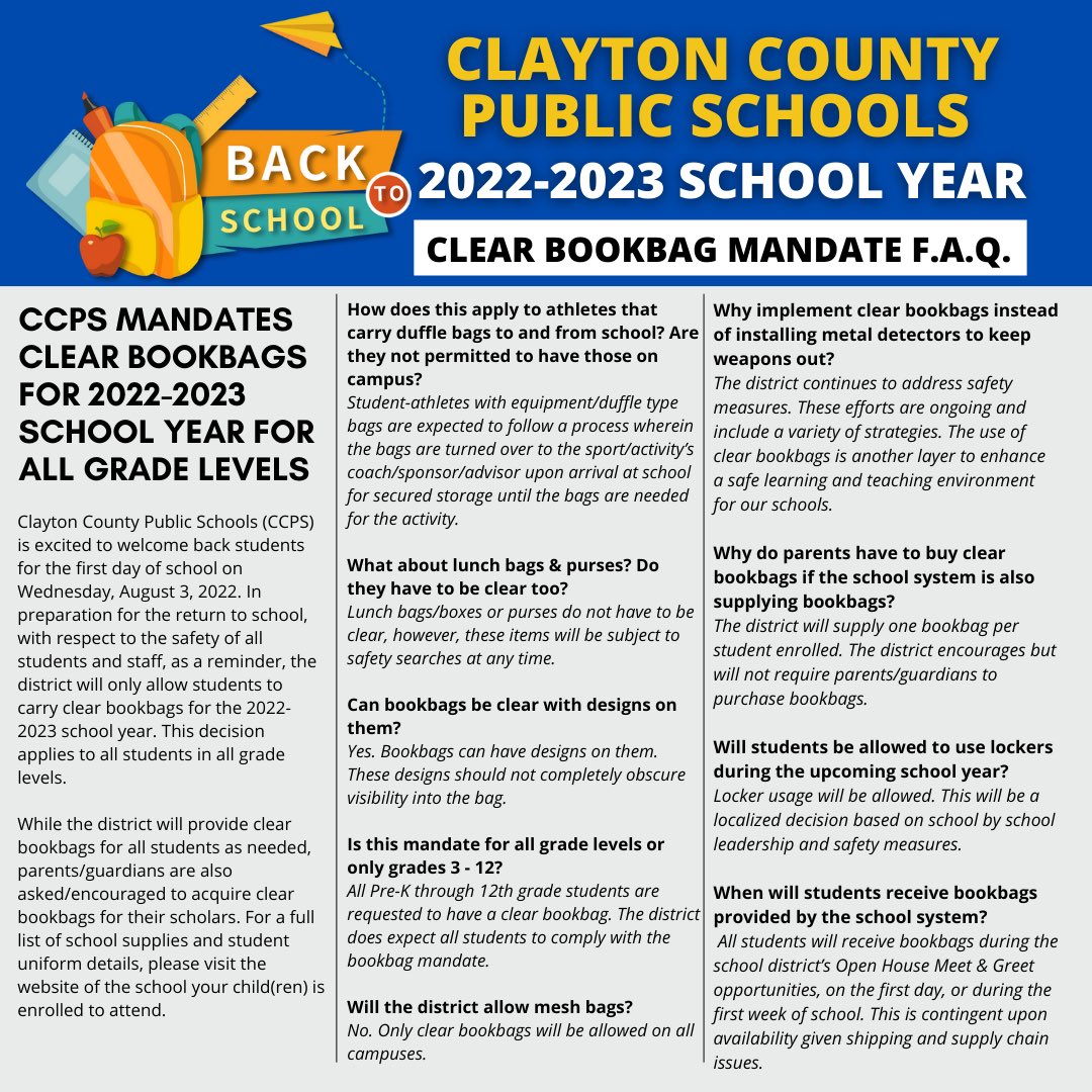 REES_Eagles's tweet photo. Please review the CCPS update and FAQ’s regarding the clear book bag mandate for the 2022-2023 school year. https://t.co/HXIPg69quU