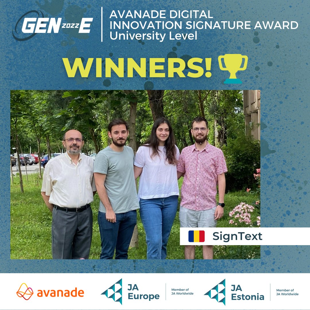 JA_Europe's tweet photo. The winner of the @Avanade Digital Innovation Signature Award is….
🏆​SignText from @JARomania!
 
Congratulations!🎉

Thanks to our European and Technology Partner, @Avanade!

#Gen_E #JAStartUp https://t.co/6HMdxgRHmW