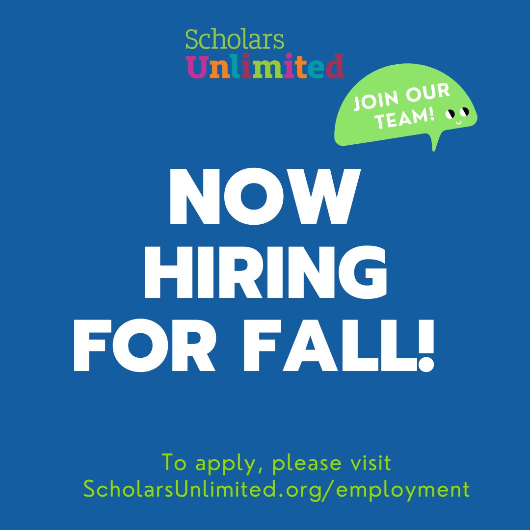 We are now hiring for Scholars After School! Jobs available for Site Directors, Youth Development Instructors, Aids, and Paraprofessionals. Program starts September 6th! 

For more information, visit scholarsunlimited.org/employment