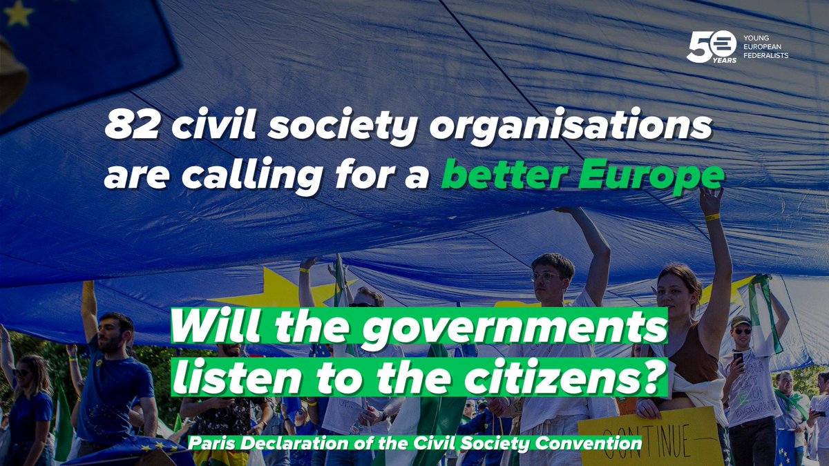 👉82 organisations welcomed the conclusions adopted at the end of #CoFoE and called for ambitious and immediate efforts to implement them. 
🇪🇺The High Level Conference on Civil Society and the Future of Europe, concluded the work with this declaration👇
jef.eu/news/paris-dec…