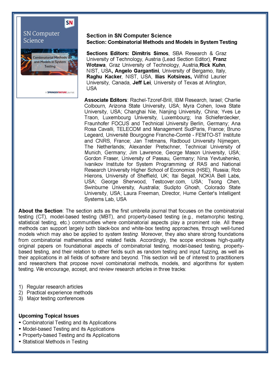 ComputerSci_CT's tweet photo. We are happy to share information regarding our new section on combinatorial methods and models in system testing within @SpringerNature, @SpringerCompSci https://t.co/OeA6rtocLr