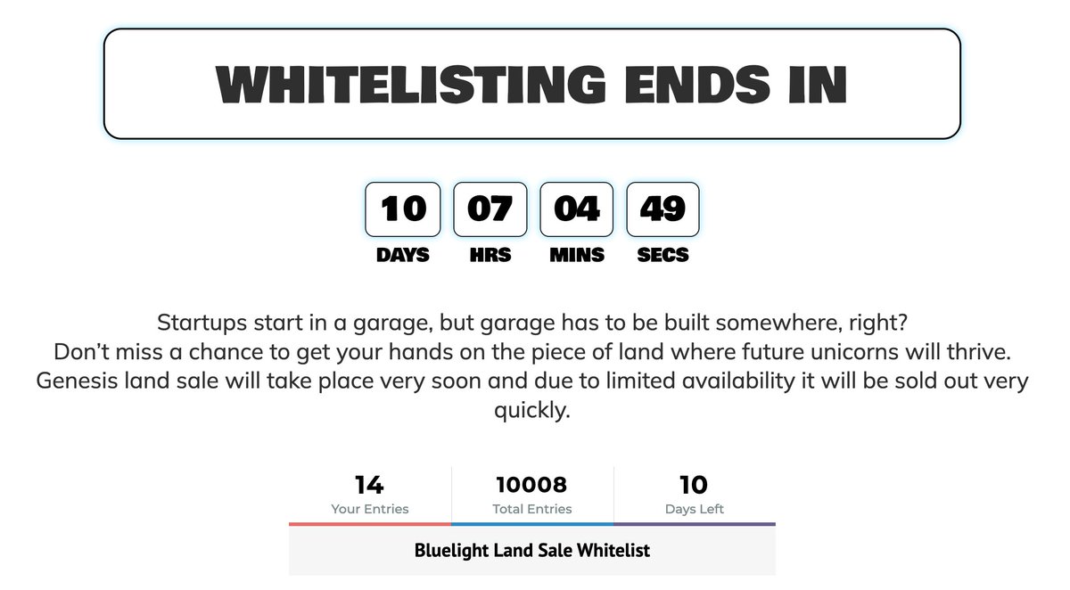 <a href="/BlueLightWorlds/">BlueLight Game</a> (the crypto-game based on Take My Muffin world #TMM) will start land sales in 10 days. For today we have 10k ❤️ entries @ Bluelight Land Sale Whitelist.
wn.nr/g5nRUq