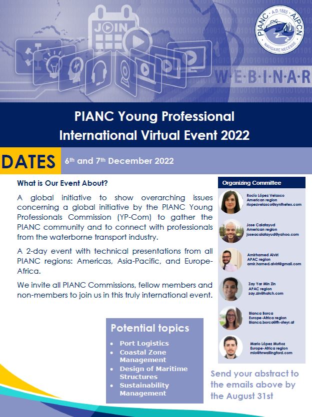 PIANC1's tweet photo. Young Professionals from all over the globe, send in your abstract and save the date for the 2nd PIANC YP-Com International Virtual Event!
📆 6-7 December 2022
📄 Abstracts due by 31 August 2022
👉 Information attached in the flyer!
#pianc #ypcom #webinar https://t.co/4Qir7yc4iN