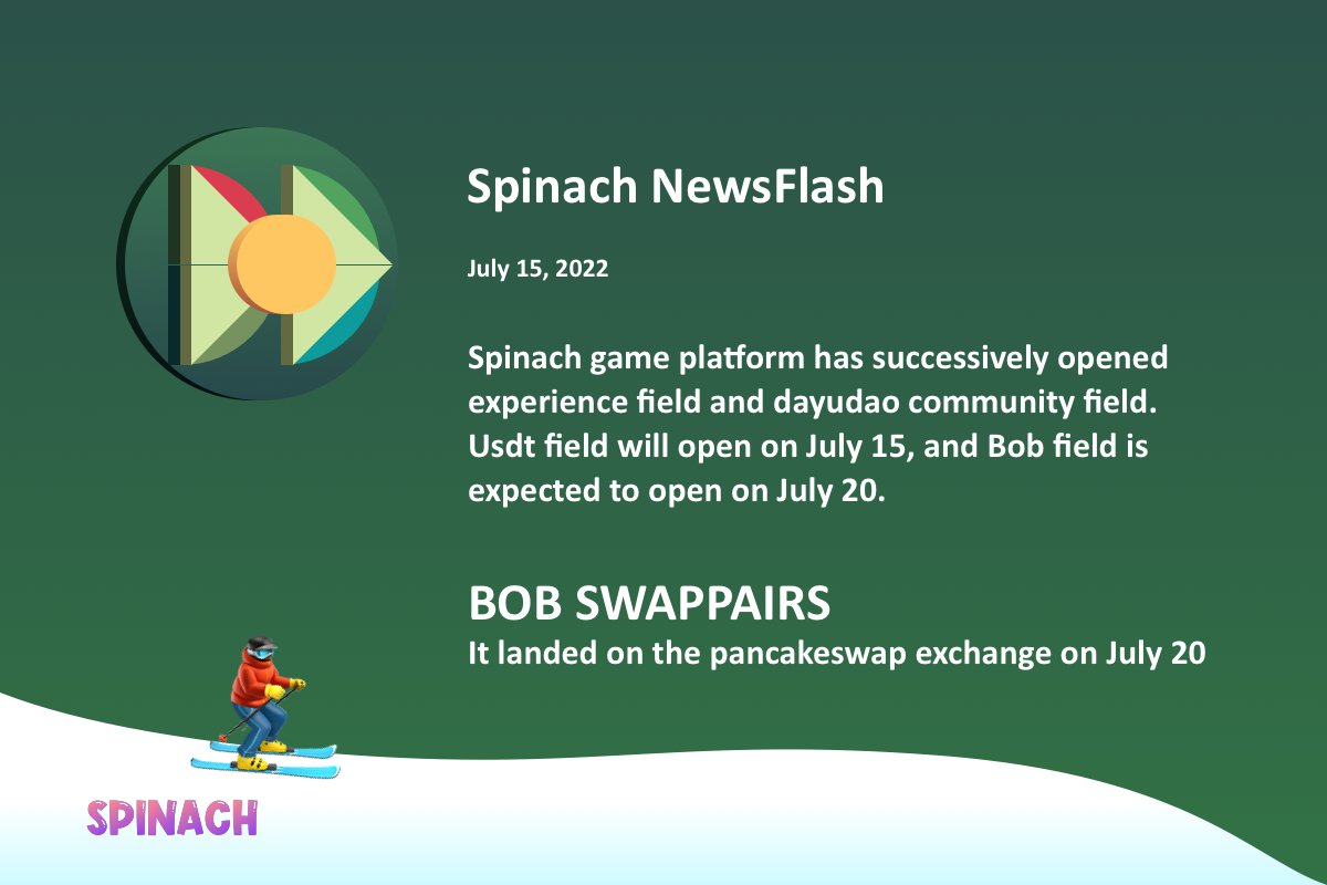 SpinachGameFi's tweet photo. Spinach NewsFlash
July 15, 2022
Spinach game platform has successively opened experience field and dayudao community field. Usdt field will open on July 15, and Bob field is expected to open on July 20.
BOB SWAPPAIRS
It landed on the pancakeswap exchange on July 20 https://t.co/Q7G5SeEHwA