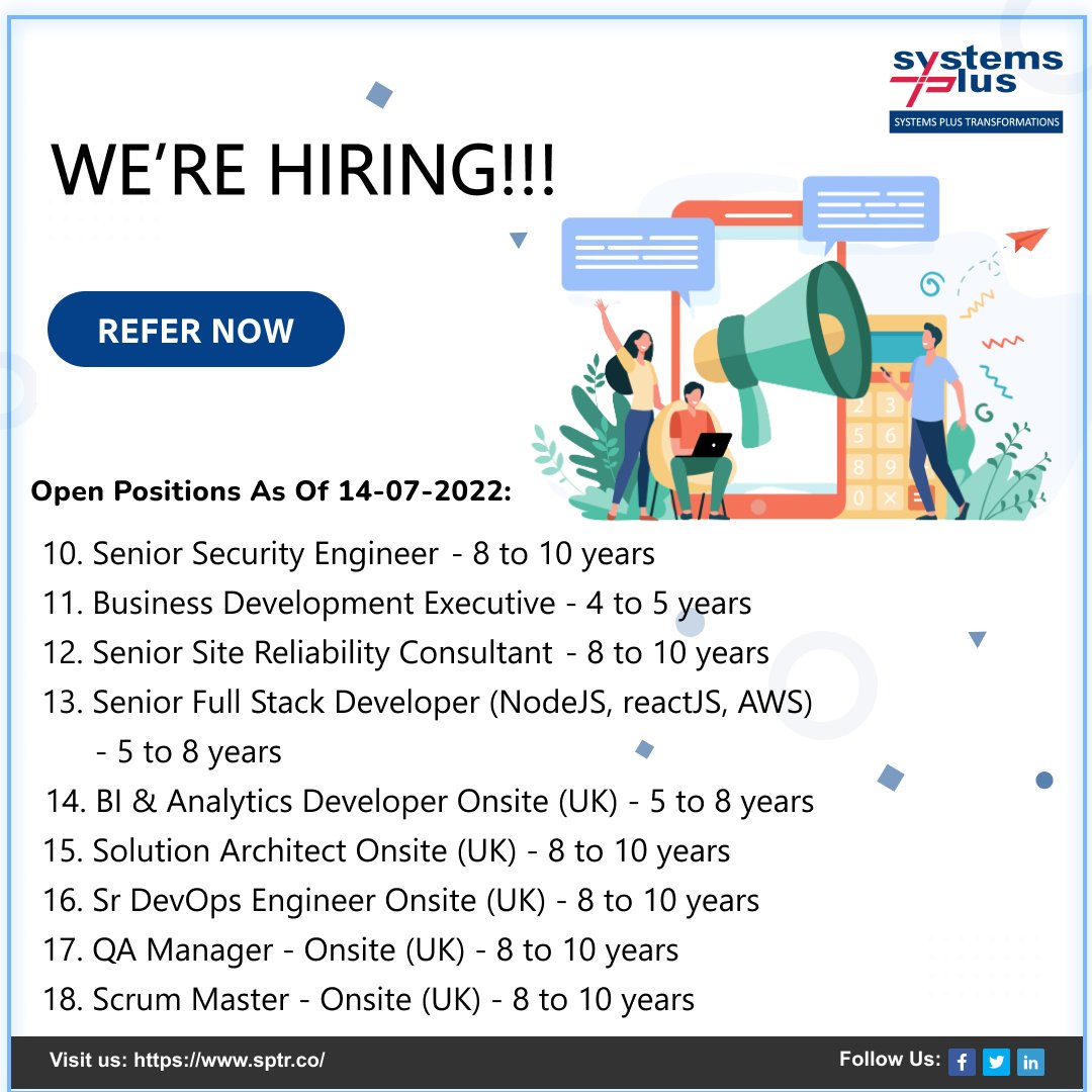 Sptr_Co's tweet image. 𝐖𝐞 𝐚𝐫𝐞 𝐡𝐢𝐫𝐢𝐧𝐠 𝐟𝐨𝐫 𝐦𝐮𝐥𝐭𝐢𝐩𝐥𝐞 𝐩𝐨𝐬𝐢𝐭𝐢𝐨𝐧𝐬 - lnkd.in/ez5dfnk
#Hiring #SeniorSecurityEngineer #BusinessDevelopment #SiteReliabilityConsultant #FullstackDeveloper #BI #AnalyticsDeveloper #SolutionArchitect #OpeningsAtSPTR #SystemsPlusTransformations