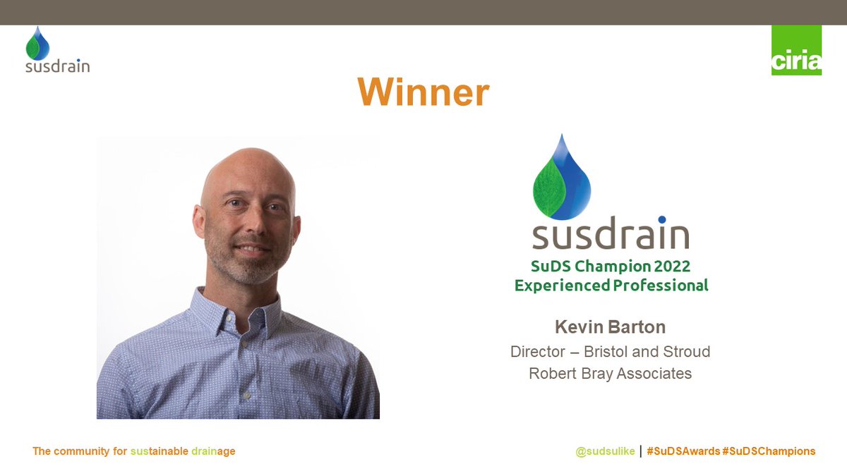 Announcing our #SuDSChampions - Congratulations to @iKevinBarton for winning the champion award in the category of Experienced Professional! Great recognition of his 8 year work on SuDS #SuDSAwards
