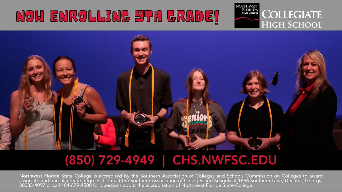 There's still time to become a student at <a href="/CollegiateNWFSC/">Collegiate High-Northwest Florida State College</a>! CHS proudly celebrates 99% high school and A.A. grad rates and ranks #1 among high schools in Okaloosa and Walton counties for the 21-22 school year in ALL areas tested in grades 10-12. Apply at chs.nwfsc.edu!