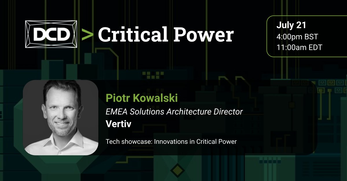 Vertiv's tweet image. Join Vertiv’s Piotr Kowalski in this DCD Tech Showcase to learn about #hybriddatacenter construction using prefabricated #modulardatacenter components for hyperscale deployments. 
Date: July 21, 2022
Time: 4:00 pm BST | 11:00 am EDT
ms.spr.ly/6019b29Q3 
#DCDBroadcast