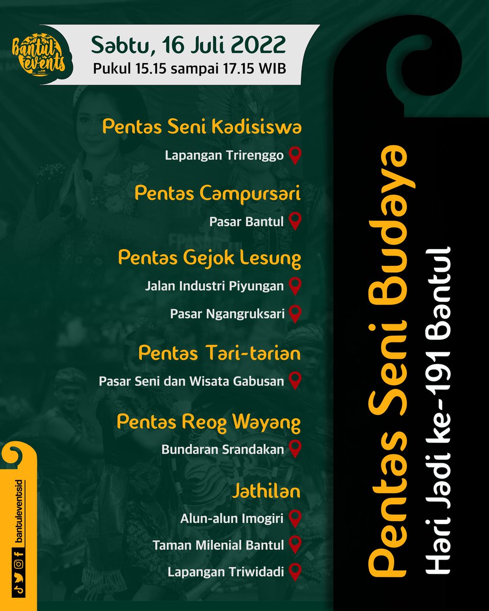 bantuleventsid's tweet photo. Masih dalam rangka menuju puncak Hari Jadi ke -191 Kabupaten Bantul nih lur
Sabtu, 16 Juli 2022 akan ada events menarik nih, yaitu Gelaran Pentas Seni Budaya secara serentak pada pukul 15.15-17.17 WIB dibeberapa titik
Ada gak nih yang deket sama tempatmu?
#BantulEvents https://t.co/NVJyvdo748