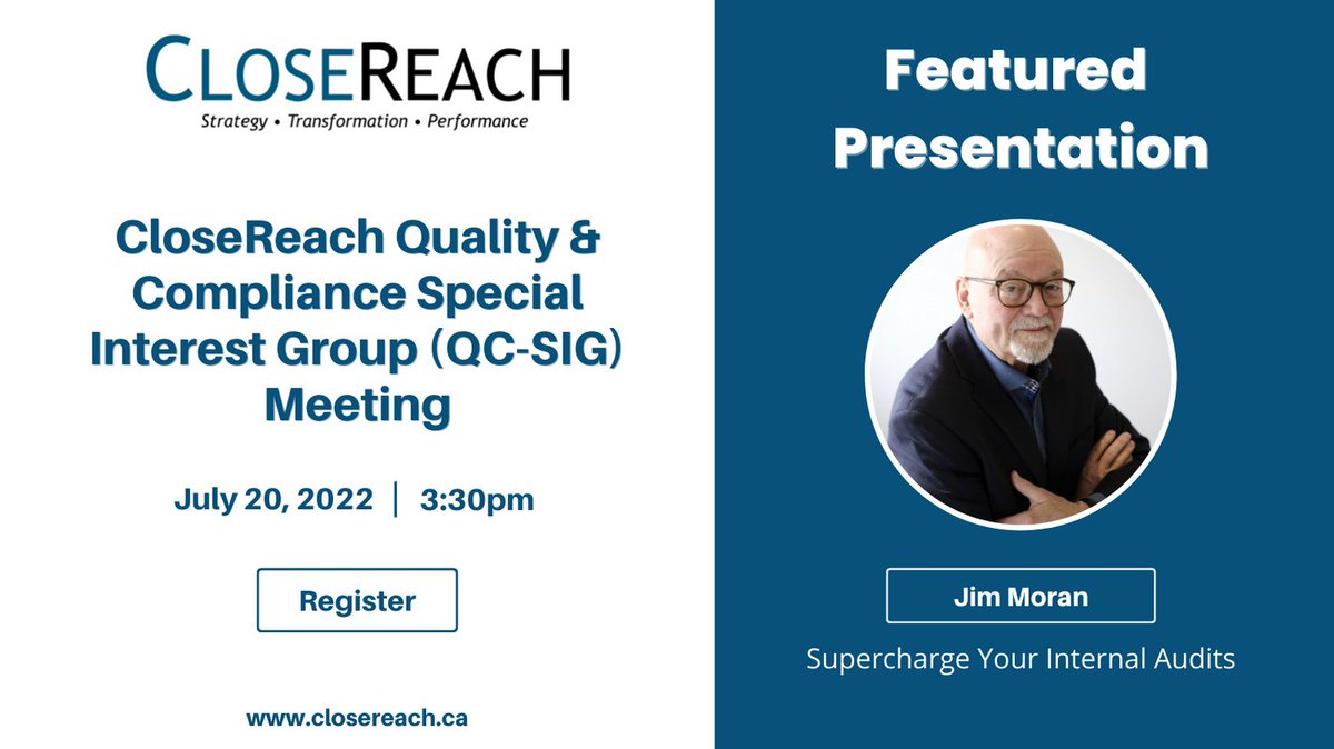CloseReachLtd's tweet photo. Join us for the July QC-SIG meeting, with featured speaker Jim Moran.

Jim is the President of Simplify ISO Inc. and founded the International Management System Institute for Management system practitioners. 
https://t.co/Lqxj135xT5

#quality #iso #ottawa #compliance #risk https://t.co/yuqvQlIb3c