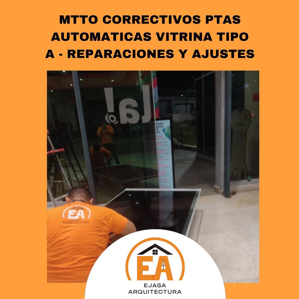 ejasa_arq's tweet photo. MTTO CORRECTIVOS PTAS AUTOMATICAS VITRINA TIPO A - REPARACIONES Y AJUSTES
EN SISTEMA SPIDER - C. C. MALL PLAZA BUENAVISTA
-
#ventanería #construcción #arquitectura #barranquilla #divisiones #mantenimientodeventana #colombia #vidriocamara
#cartagena #bogota #mantenimiento https://t.co/lsge7X5fiw