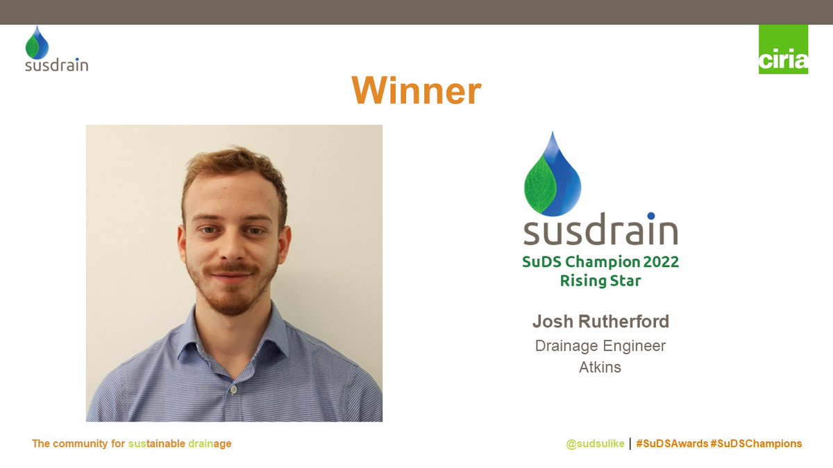 Sudsulike's tweet photo. And the SuDS Rising Star Champion Award goes to... Josh Rutherford @atkinsglobal - Congratulations! https://t.co/xgwPMdr8hm
