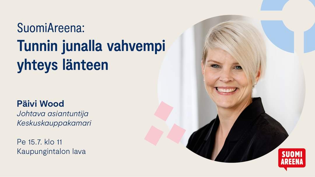 Ja <a href="/SuomiAreena/">SuomiAreena</a> se vaan jatkuu! 

Huomenna perjantaina klo 11 käynnistyy kiinnostava keskustelu Turun tunnin junasta ja sen mahdollisuuksista. Mukana meiltä huikea johtava asiantuntijamme <a href="/wood_paivi/">Päivi Elina Wood</a>.

Tulehan katsomaan! 🚅 #tunninjuna #suomiareena <a href="/TunninJuna/">Turun tunnin juna | Turku One Hour Train</a>